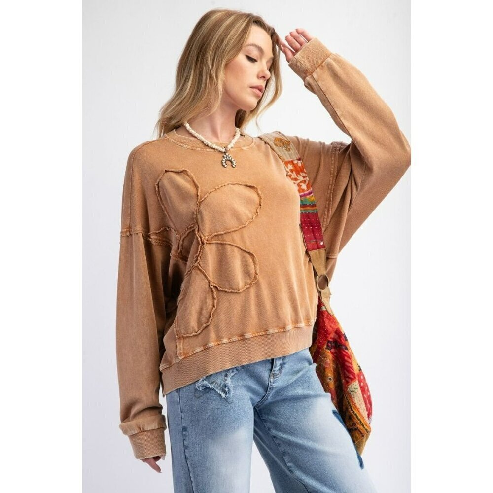 Flower Child French Terry Pullover Top in Toast - Picture 2 of 5